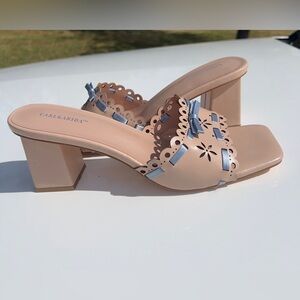 Blush Pink Mid-Heel Mules with Blue Ribbon Trim